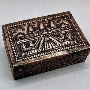 Cambodian Angkor Wat Temple Repousse Copper Thom Trinket Box Signed